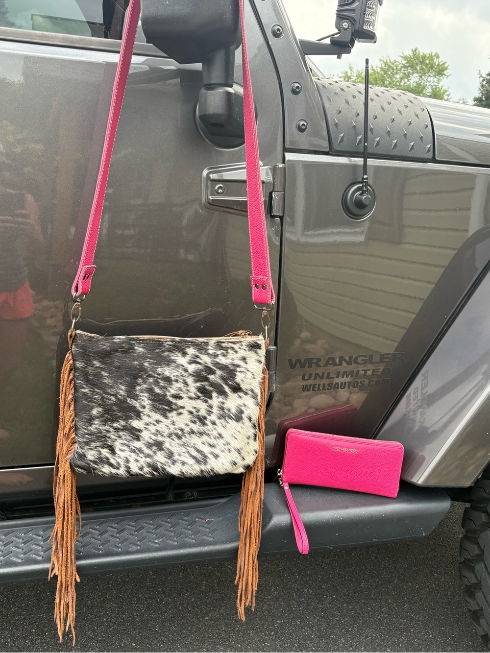 Fringe Cowhide Crossbody with Pink Strap TTT Leather Goods punchy cowgirl